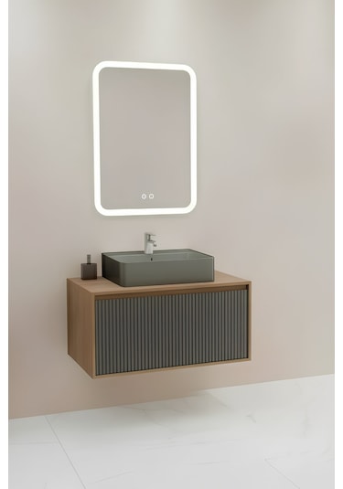 Osloorz 90 Cm Antrasit Lavabolu Banyo Dolabı - Kaman Ceviz / Antrasit Kaman Ceviz