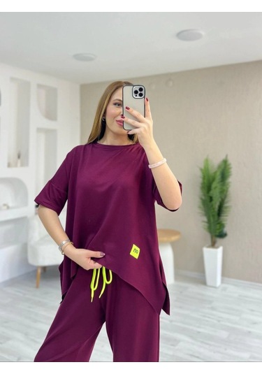 Kadın Kısa Kollu Bisiklet Yaka Viskon Iki Iplik Bluz Ve Pantolon Ikili Takım Bordo