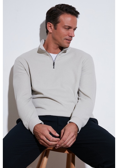Buratti Pamuklu Regular Fit Yarım Fermuarlı Dik Yaka Erkek Sweat 5905716 Taş