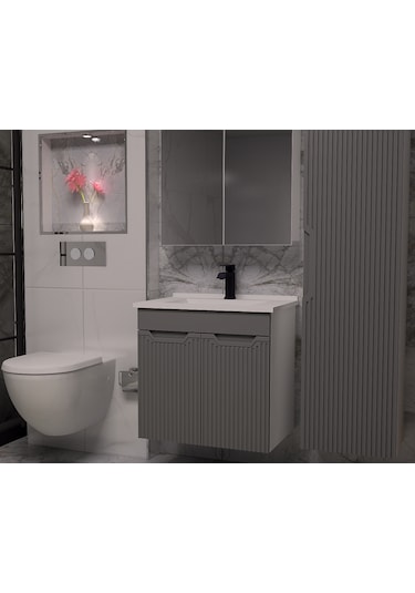 Banyo Dolabı Aynalı Cnc İşlemeli Membran Kapaklı 65 Cm Antrasit Banyo Dolabı Aynalı Cnc İşlemeli Membran Kapaklı 65 Cm Antrasit