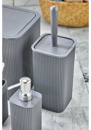 Line 5 Parça Kare Banyo Seti - Çöp Kovası Wc Fırçası Sıvı-katı Sabunluk Diş Fırçası Antrasit