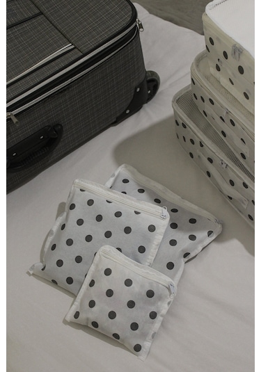 Adarya Home Puantiye Desen Valiz Düzenleyici Bavul İçi Organizer Set 6'lı Beyaz