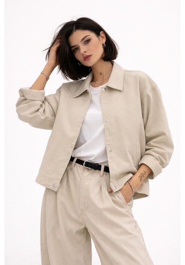 Kadın Oversize Basic Gabardin Mevsimlik Polo Yaka Ceket-385 Taş
