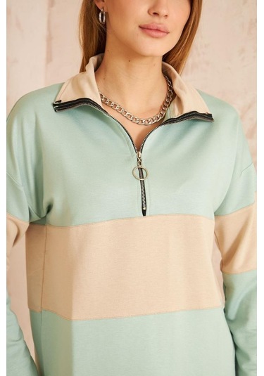 Kadın Uzun Kol Fermuarlı Polo Yaka Color Block Basic Salaş Sweatshirt Bluz 3471210 Mint