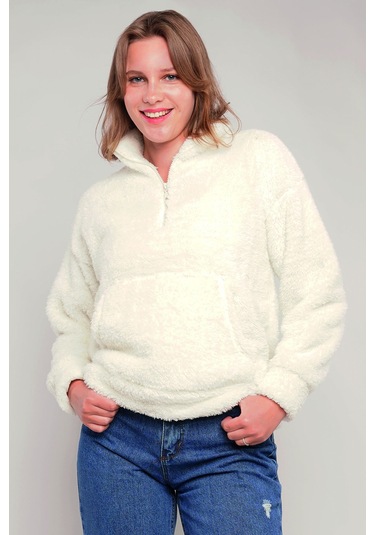 Gabria Kanguru Cepli Yarım Fermuarlı Peluş Sweat Ekru