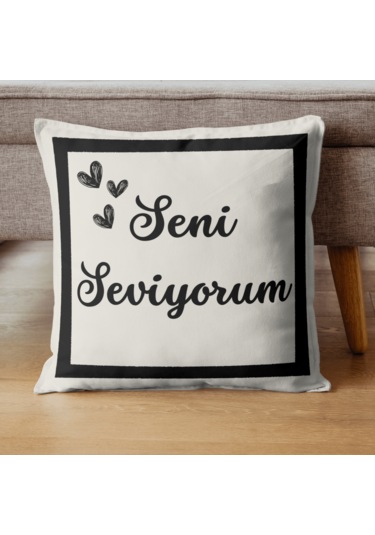 Seni Seviyorum Desenli Dekoratif Kırlent Kılıfı Krem