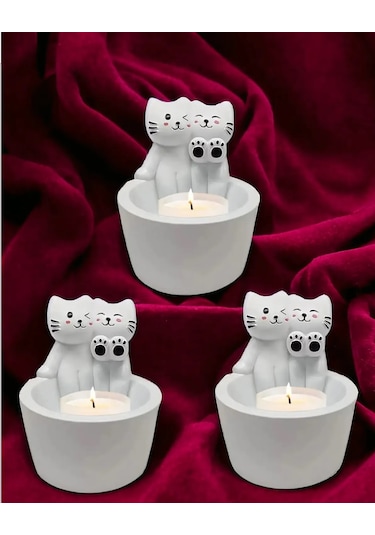 3lü Sevgili Kediler Mumluk Figür Alevde Isınan Temalı Dekorasyon
