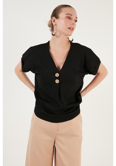 Lela Düğme Detaylı V Yaka Bayan Bluz 5865567 Siyah
