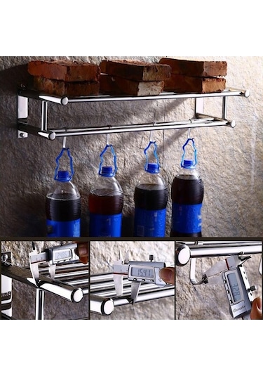 Novahub Çift Katmanlı Banyo Rafları, 4 Kancalı Havluluk, Duvara Monte, 23cm, Pratik Banyo Askısı Gümüş