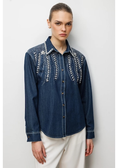 Ekol Kadın Taş İşlemeli Denim Görünümlü Gömlek 2910 Indigo Indigo