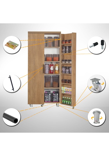 Pasific Home Guzzo Tekerlekli Kiler Çok Amaçlı Erzak Dolabı 80 cm Koyu Meşe