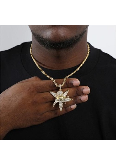 Hip Hop Buzlu Out Kübik Zirkonya Taş Bakır Guardian Melek Kolye Kolye Erkekler Kadınlar Ile 4mm Tenis Zincir Charm Takı Hediye Kolye Kolye Altın - Gümüş