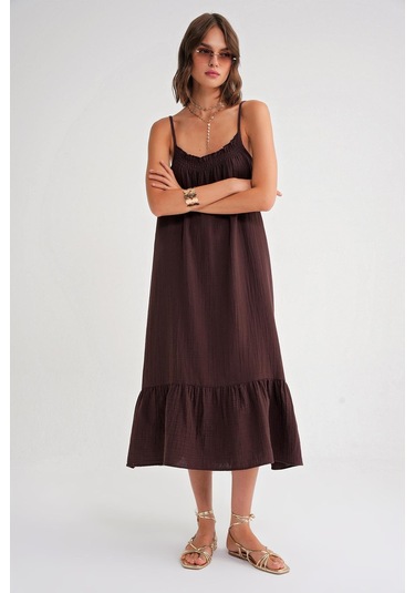 4740 Kadın Askılı Müslin Midi Elbise Kahve Kahve