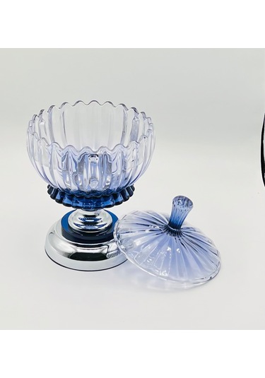 Furkan Gümüş Ayaklı Füme Mavi Cam Şekerlik
