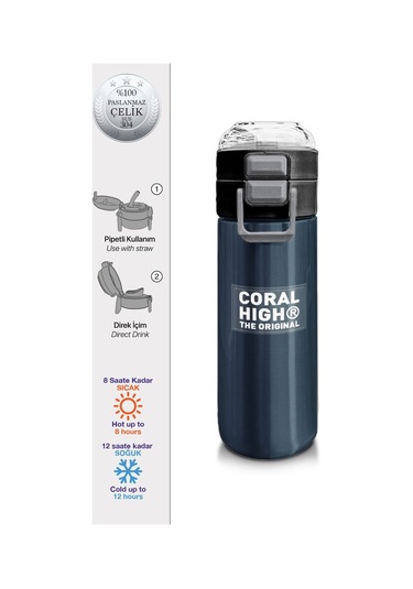 Coral High Çelik Matara Termos/suluk 31998 - 500ml, Erkek Çocuk - Lacivert Turuncu Çizgili Çok Renkli