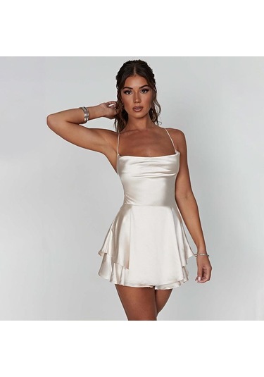 Yaz Kadın Elbise Kısa Seksi İnce İnce Sırtı Açık Düz Renk Askılı Elbiseler Şampanya