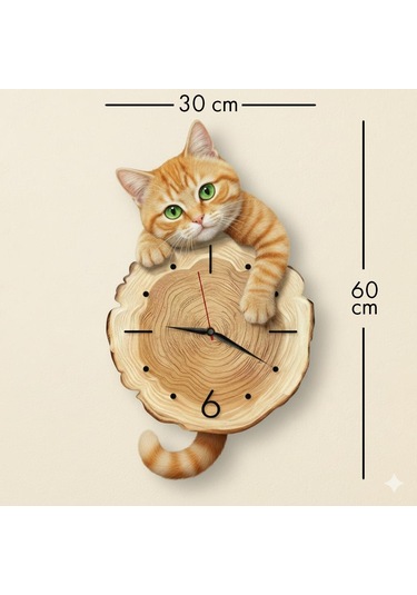 Cajuart Kütük Üzerinden Bakan Sarman Kedi Tasarımlı Duvar Saati Modern Dekoratif Saat Kahverengi