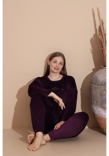 Boyraz Kadın Kışlık Fransız Kadife Büyük Beden Bisiklet Yaka Uzun Kol Pijama Takımı 03143 - 1 Adet Mor