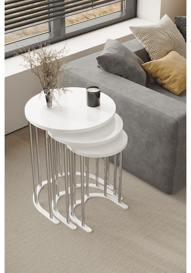 3' Lü Zigon Sehpa Gümüş Ayak Beyaz 18 Mm Mdf Gümüş