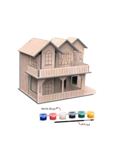 Ahşap Köşk Ev Maket Boyama Seti, 6'lı Boya Ve Fırça Dahil