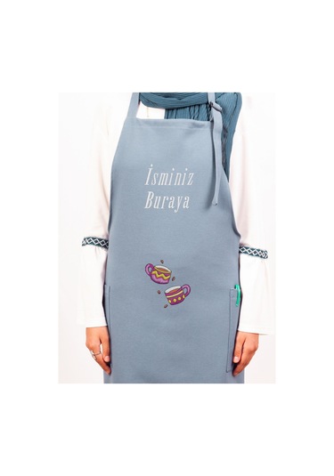 Mutfak Önlüğü Kişiye Ve İsme Özel Nakışlı Mutfak Önlüğü İkili Kupa Farklı Renkler Mavi