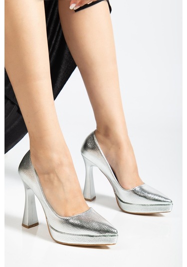 Suins Valen Kadın Platform Topuklu Stiletto Ayakkabı Gümüş