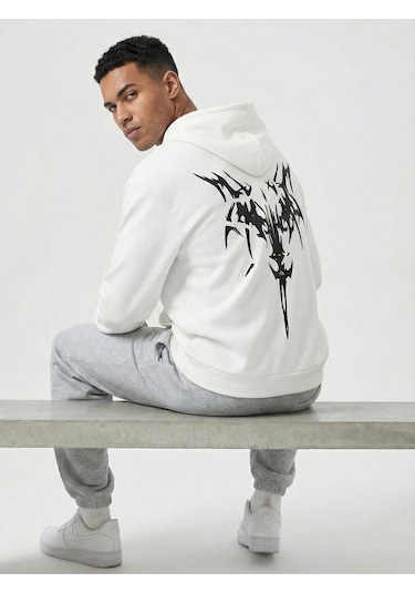 Nevermind Unisex Oversize Hoodie Grafik Sembol Baskılı Beyaz