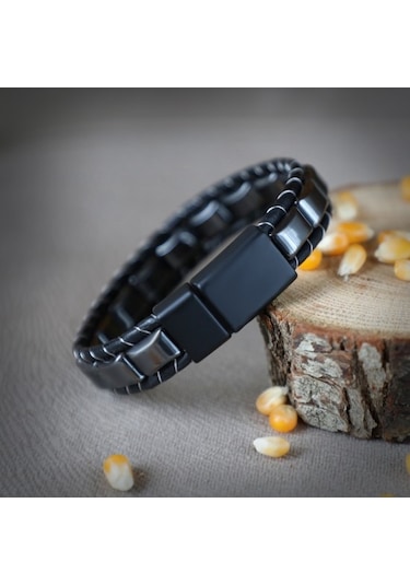 Hg.Aksesuar Erkek Hematit Örmeli Deri Bileklik 7121 Gümüş