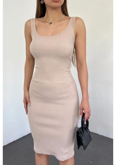 Kadın Taş Rengi Kalın Askılı Kare Yaka Kolsuz Kısa Elbise