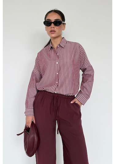 Madmext Bordo Çizgili Kadın Gömlek Mg2410 Bordo