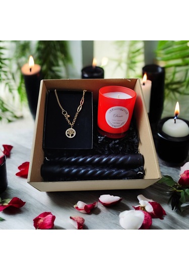 Denic Hediye Seti Kokulu Kırmızı Bardak Mum Yaşam Agacı Kolye Burgulu Mum