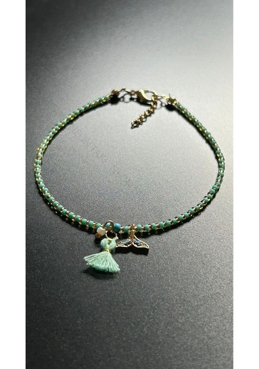 Balık Kuyruğu, Turkuaz Renk Boncuklu Halhal 35, Altın Rengi Çok Renkli