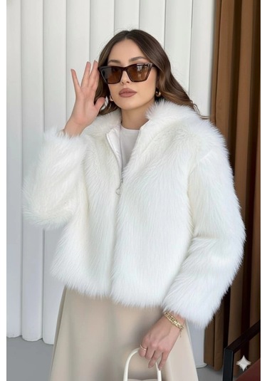 Fermuarlı Kısa Kürk Beyaz T7746 Beyaz