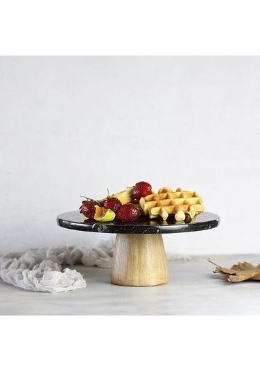 Akayev Mermer 25 Cm Konik Ahşap Ayaklı Siyah Yuvarlak Sunum Tabağ