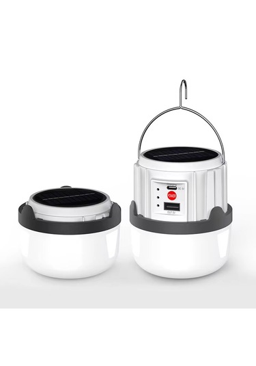 Solar Işıldak Şarjlı Kamp Feneri Usb + Çift Renk Yanma Askılı Solar Kamp Lambası 30w Beyaz - Mavi