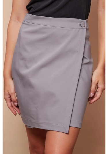 Kadın Yüksek Bel Kruvaze Model Hafif Likralı Şık Kumaş Ofis Kalem Etek-gri Gri