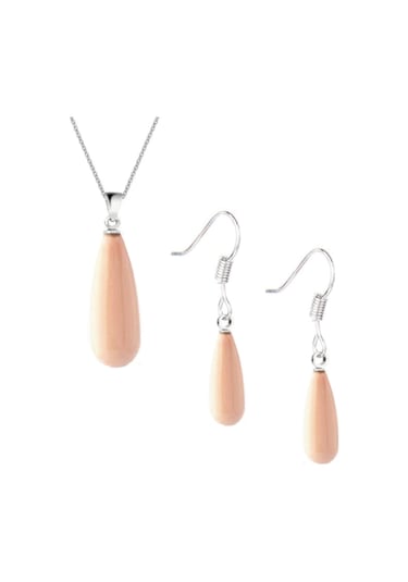 Pembe İnci Uzun Damla Küpe - Kolye Gümüş Set Kancalı Model