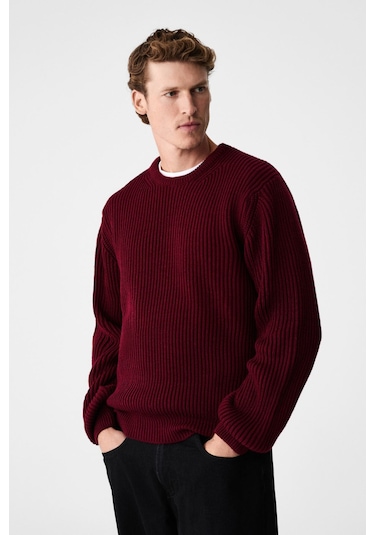 Grimelange CABLIN Erkek Yuvarlak Yaka Regular Fit Triko Bordo Kazak