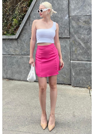 Madmext Pembe Yüksek Bel Önden Yırtmaçlı Kısa Etek Mg2086 Pembe