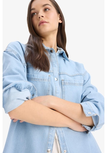 DeFacto Cepli Çıtçıtlı Gömek Jean Ceket E0952AX25SPNM39 Mavi