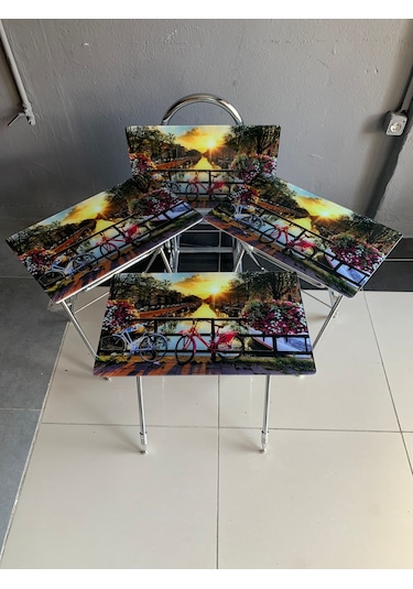 Camlı Bisiklet Desenli Çanta Zigon Sehpa 4'lü