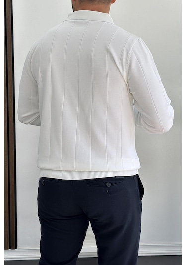 Erkek Yarım Fermuarlı Polo Yaka Mevsimlik Kazak Beyaz Edw195 Beyaz