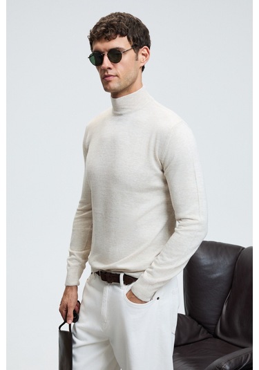 REBEL Erkek Yarım Balıkçı Yaka Basic Slim Fit Triko Bej Kazak