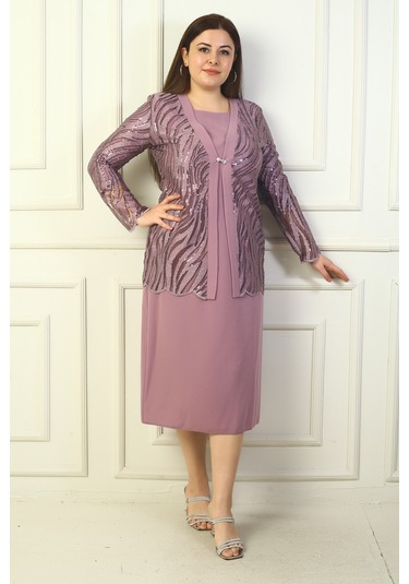 Kadın Pul Ve Sim İşlemeli Tül Ceket Uzun Kollu Astarlı Krep Elbise Büyük Beden 2'li Takım Gülkurusu Kadın Pul Ve Sim İşlemeli Tül Ceket Uzun Kollu Astarlı Krep Elbise Büyük Beden 2'li Takım Gülkurusu