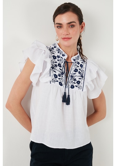 Lela Pamuklu Regular Fit Nakış Işlemeli Bayan Bluz 611Bz0253 Beyaz-Indigo