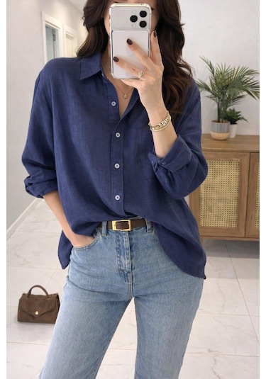 Lijuri Siyah Oversize Keten Gömlek 3510 Lacivert