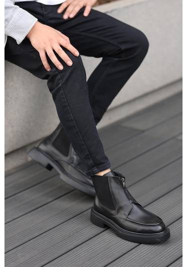 Shoetyle - Siyah Deri Fermuarlı Erkek Bot 250-085-1077 Siyah