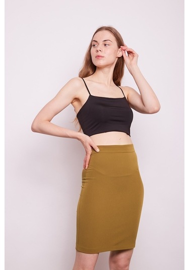 Yüksek Bel Diz Üstü Likralı Pamuklu Şık Kumaş Kalem Etek-Koyu Har