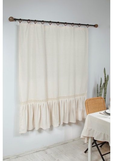Naturel Fırfırlı Dantelli Perde Vintage Krem