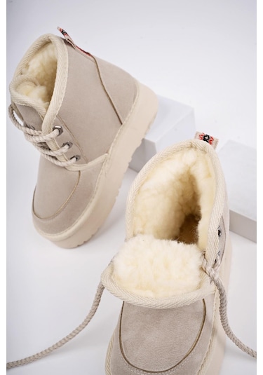 Muggo Puffy Garantili Kalın Taban İçi Tüylü Bağcıklı Günlük Mini Yarım Çocuk Bot 001